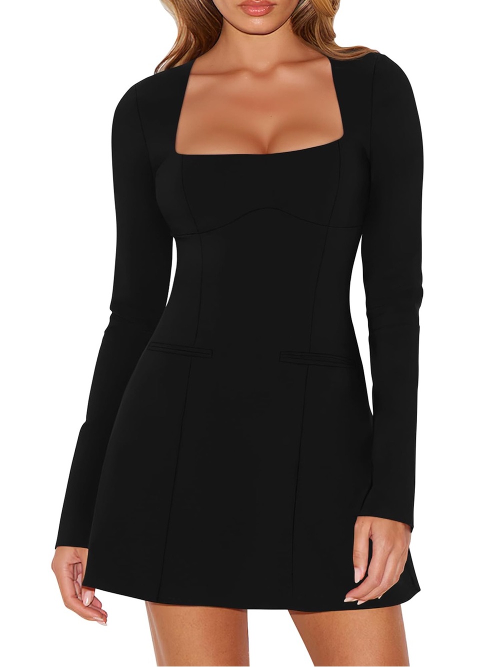 Black Square-Neck Long Sleeve Mini Dress